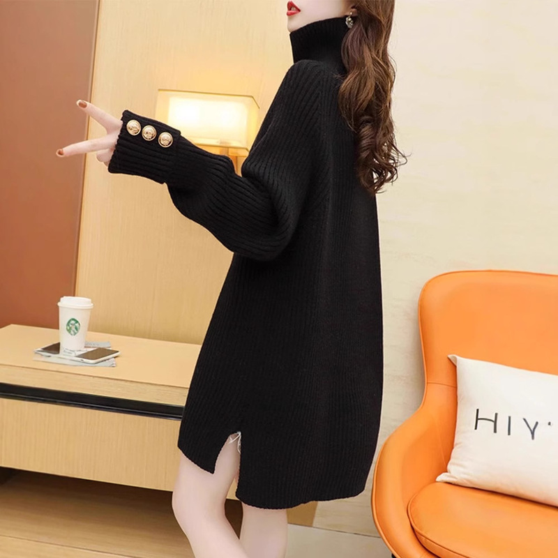 Loose Lazy Style 2025 Autumn and Winter Design Sense Turtleneck Sweater Women's Mid-length Sleeve Buckle Base Shirt for Women