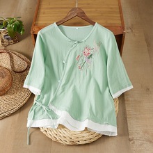 民族风上衣夏季薄款女装高档棉麻衬衫宽松大码遮肚子显瘦冰丝衬衫