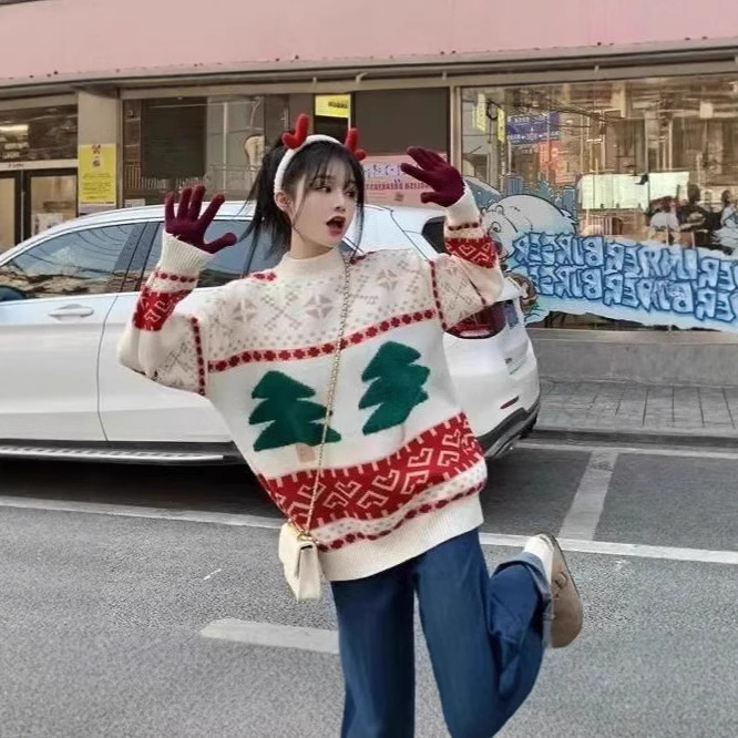 2025 New Year Christmas Tree Plus Size Women's Clothing Fat mm Red Pullover Autumn and Winter Knitted Sweater Women's Cute Style Loose