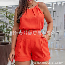 新款欧美跨境电商女装wish亚马逊棉涤纯色休闲吊带套装短裤现货