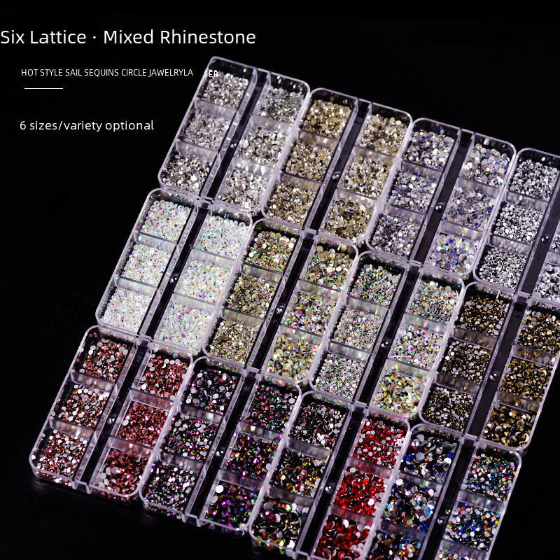 Nail art jewelry wholesale 6 grid mixed rhinestone AB colored diamond heaven light flat bottom diamond Super flash white glass magic color
