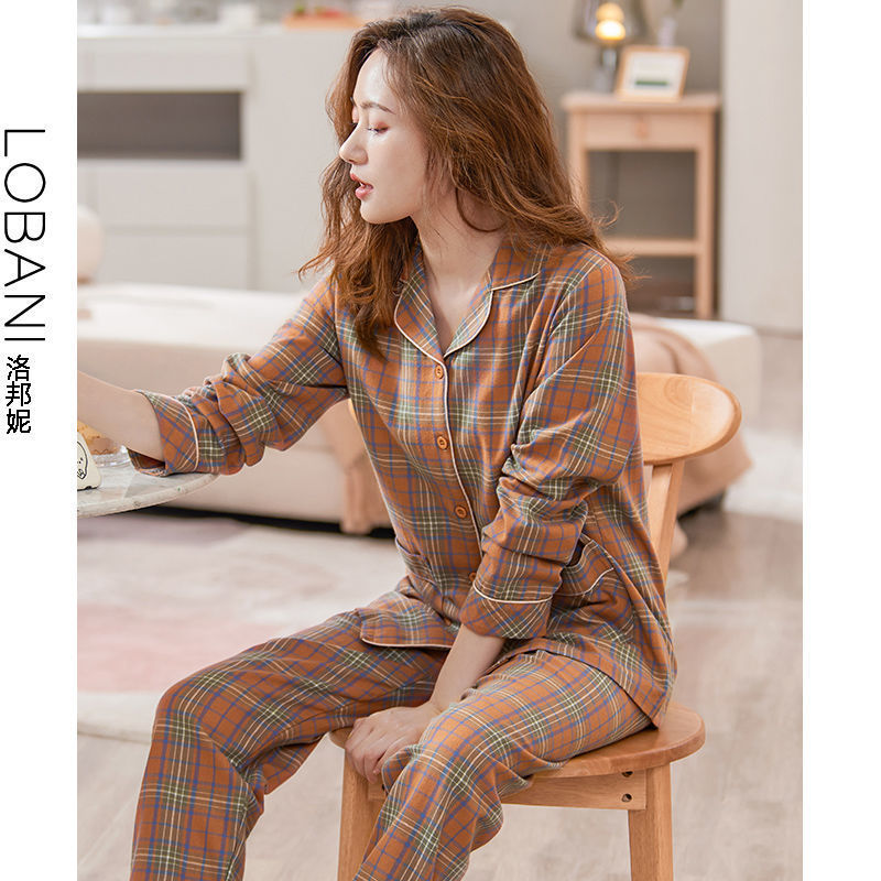 100% pijamas de algodón de primavera y otoño de las mujeres de manga larga cardigan conjunto de dos piezas se puede usar fuera de casa traje de desgaste