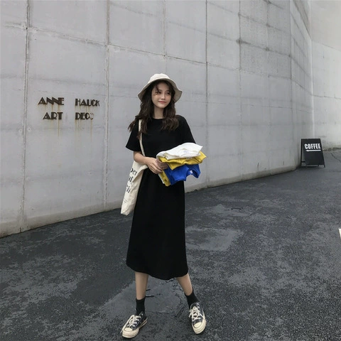 Длинное платье-футболка, летняя женская одежда в Корейском стиле, свободные стройнящие модные прямые платья средней длины с короткими рукавами, модные