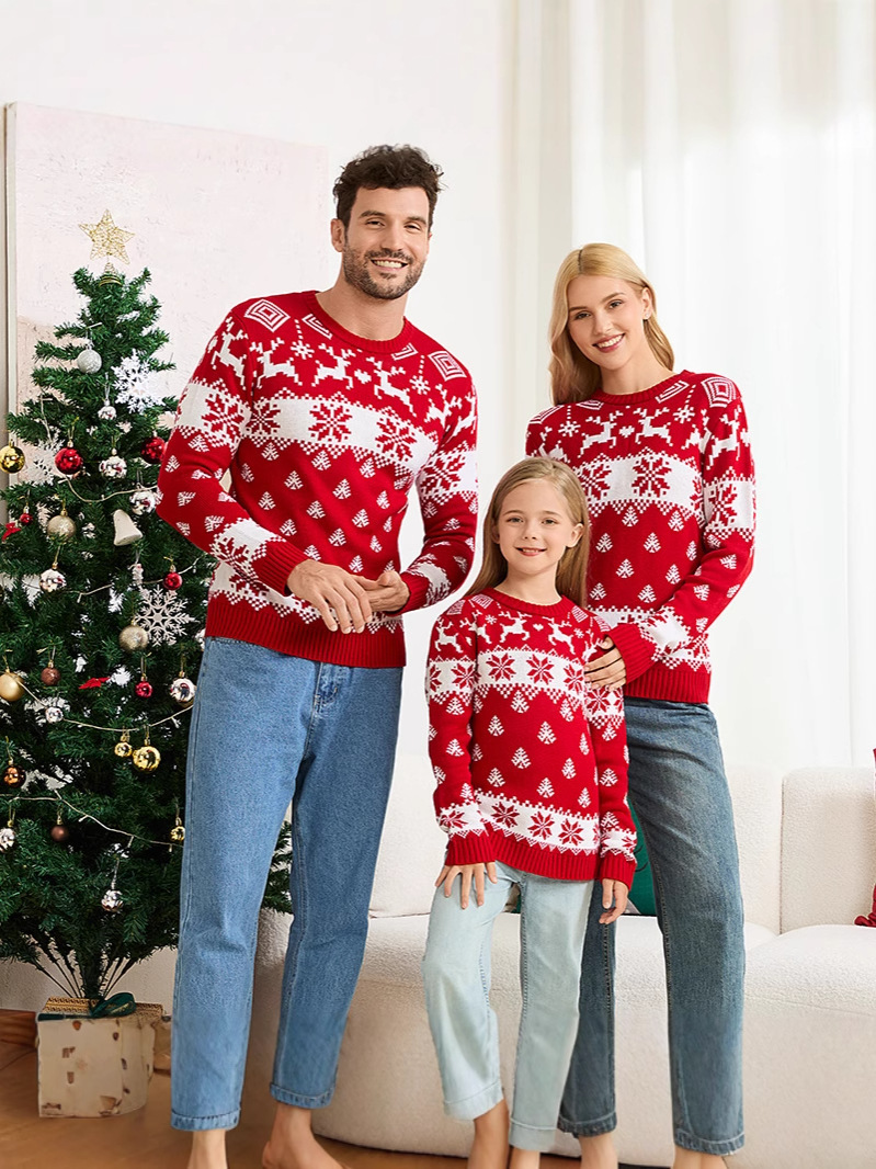 Suéter de punto de cuello redondo casual europeo y americano transfronterizo Navidad para padres e hijos otoño e invierno suéter jacquard de alce navideño de manga larga
