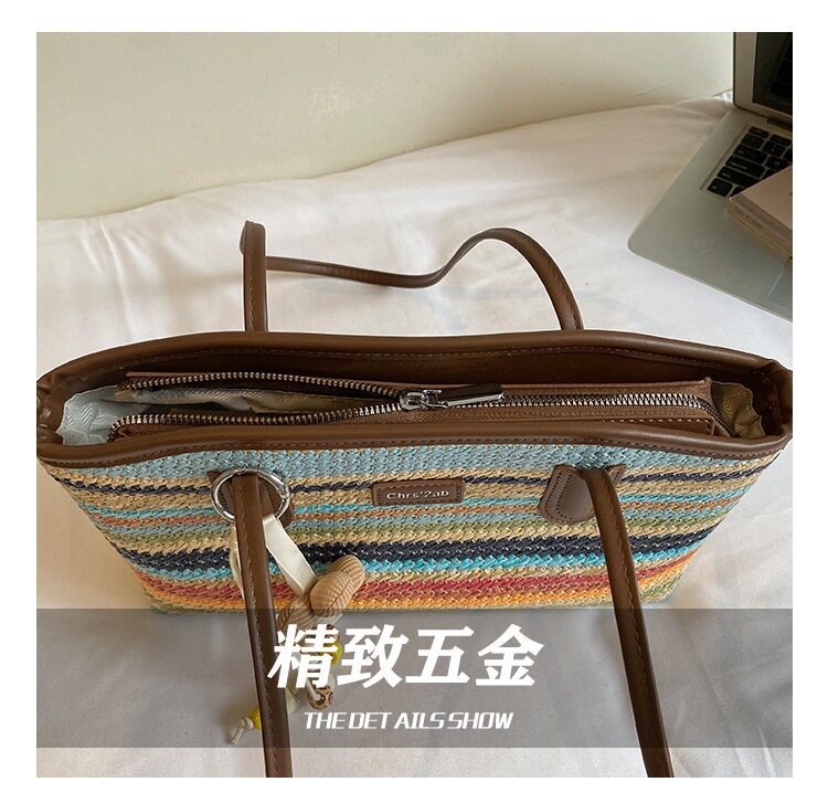 Túi tote đeo vai kẹp nách dáng ngang phong cách tối giản thanh lịch — Kaki sọc, Màu sắc, Màu xanh da trời, màu kaki chi tiết 5