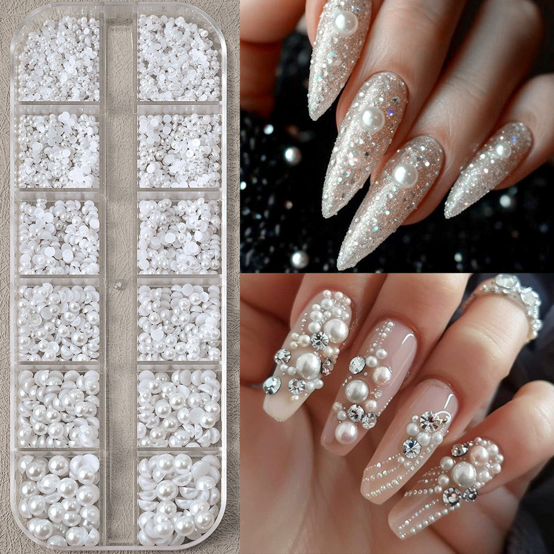 Japanese Style Mixed Small Pearl Nail Decoration Boxed Light Luxury Style White Half Round Small Pearl DIY Nail Art Jewelry