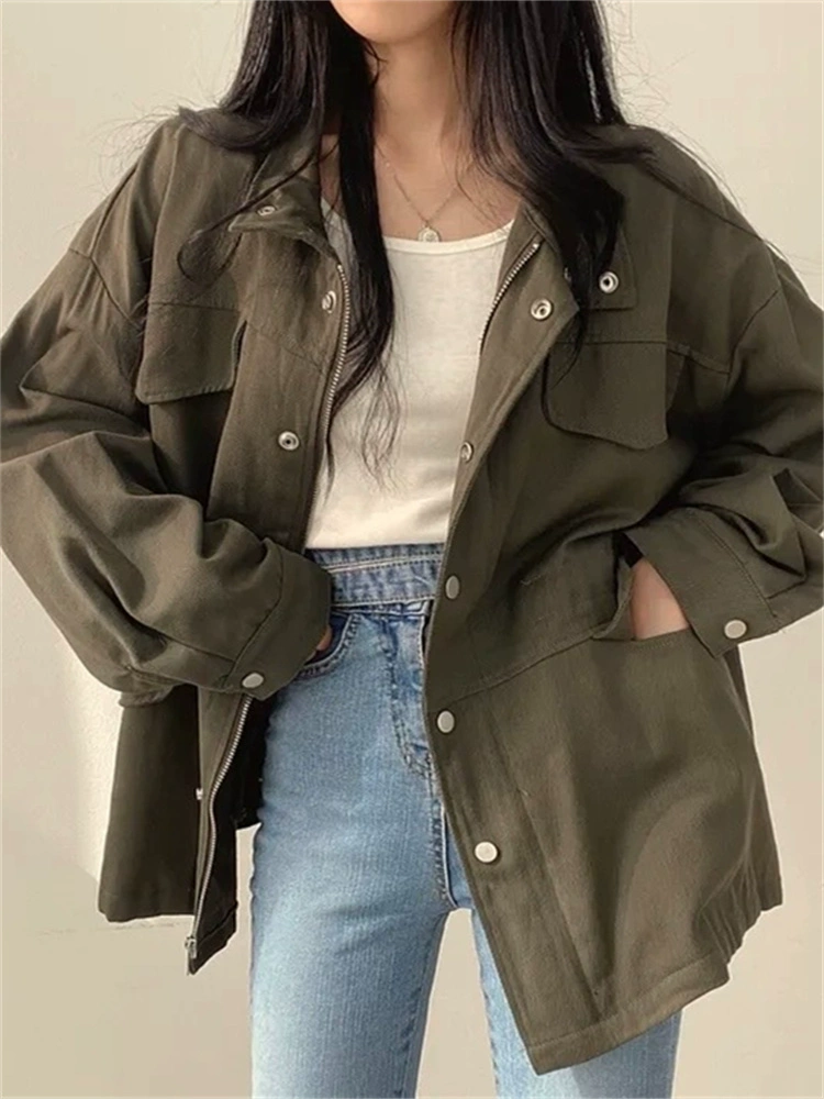 Пальто- Trench женскоеOversized корейский стиль, осеннее свободное кроя, военный зелёный и чёрный