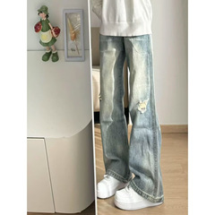 破洞牛仔裤男春秋季新款高街潮牌设计感做旧宽松阔腿直筒微喇长裤