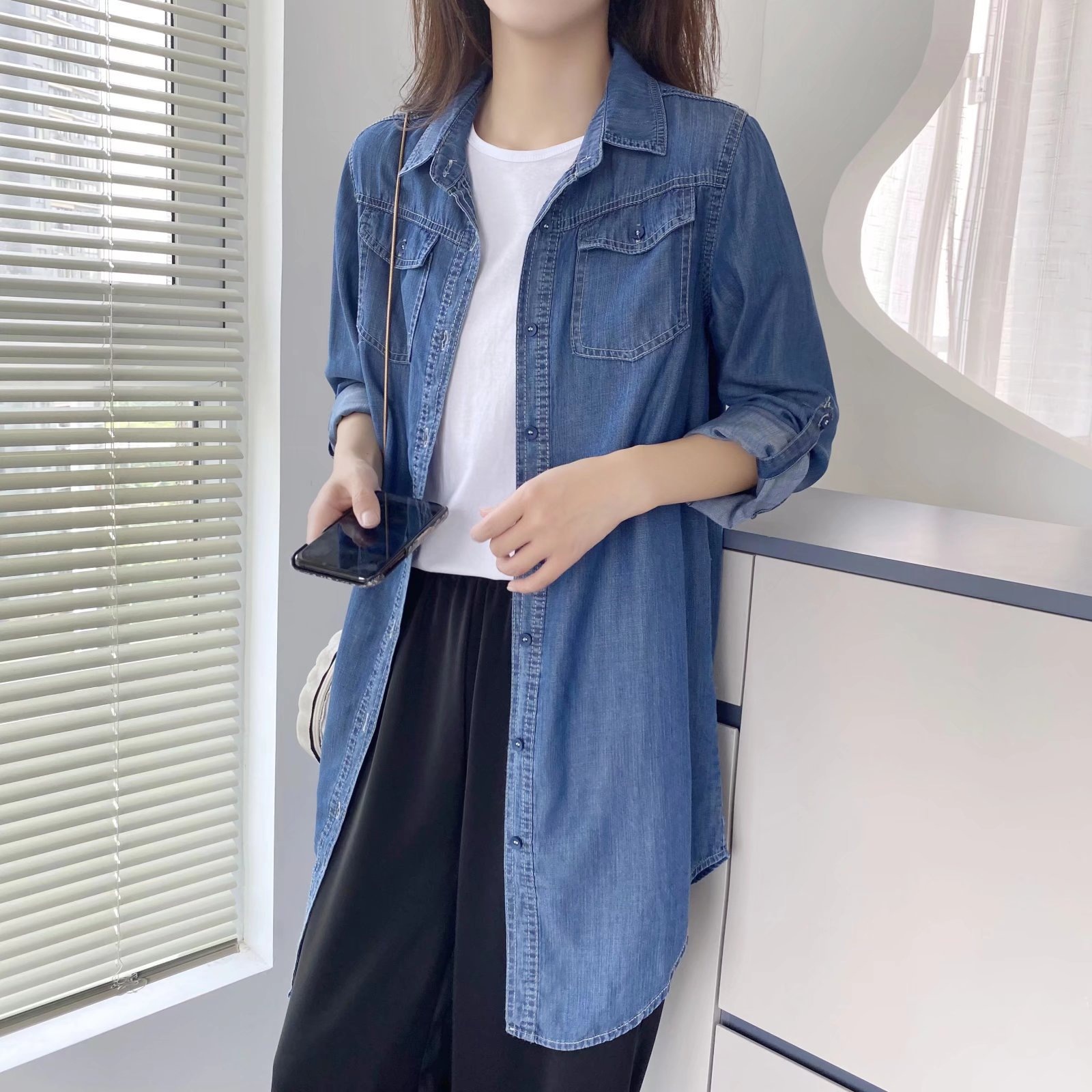 ​​Women’s Tencel Denim Shirt – Upgraded Breathable Long Sleeve Blouse (Light/Dark Blue, M-XXXL)​​_mkmklike.com