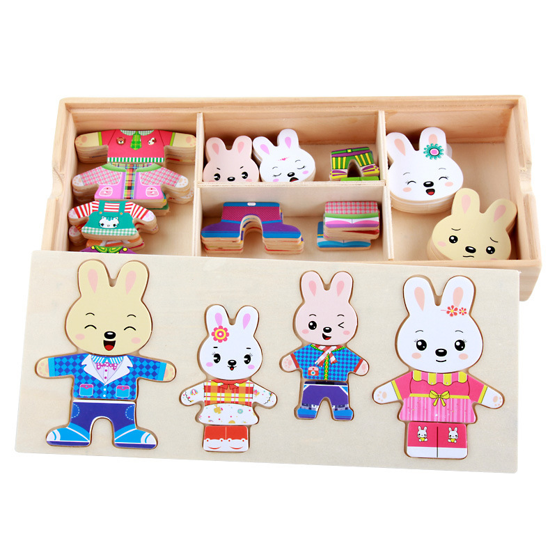 Factory Direct Supply of Four Little Rabbits Dressing and Dressing Game Wooden Wooden Cartoon Dressing and Changing Puzzle Puzzle