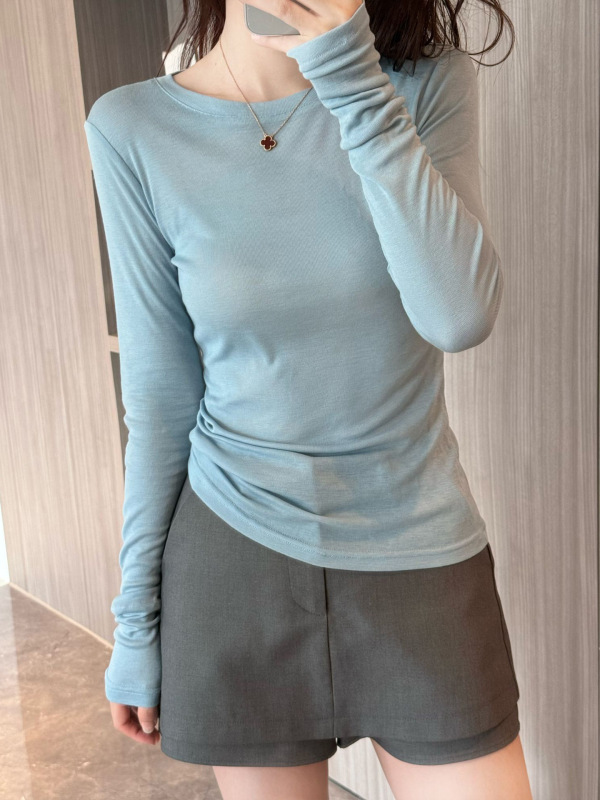 天丝羊毛轻薄圆领微透防晒长袖T恤女秋季薄款罩衫显瘦打底衫上衣|undefined