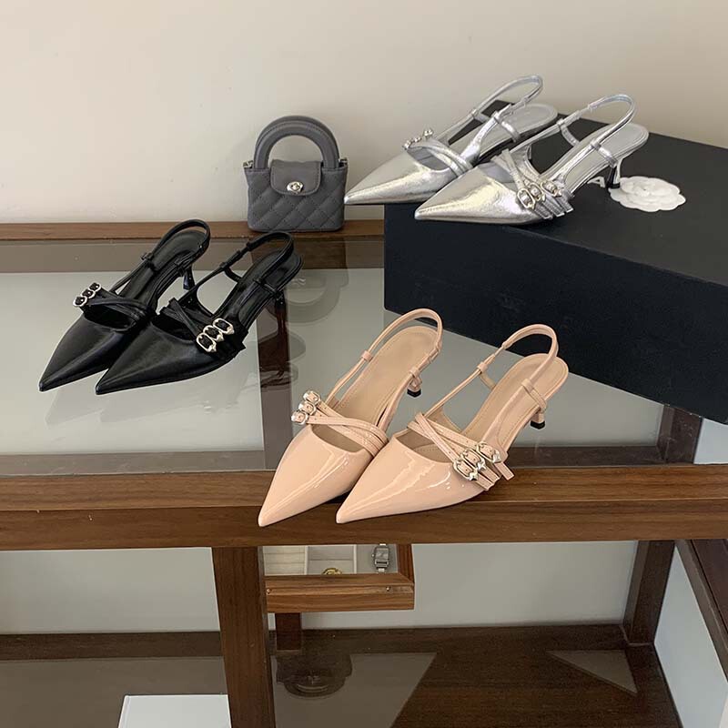 Niche High-Heeled Shoes, Silver Closed-Toe Sandals, Fairy Shoes, 2026 New Spring/Summer Black French-Style Pointed-Toe Single Shoes