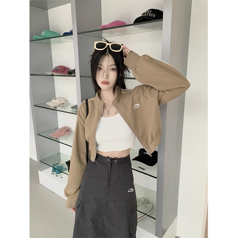 American Style Spice Girl Casual Sports Short Men's Standing Collar Coat Women's Spring and Autumn Loose Slimming Vintage Short Cardigan Top