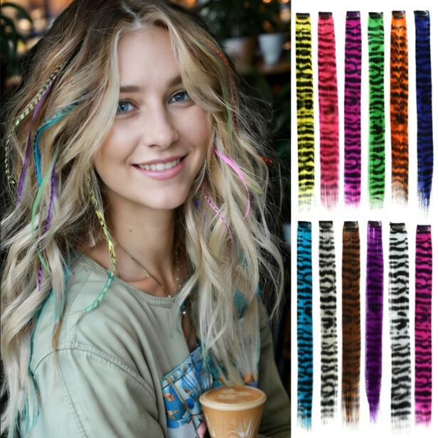 Leopard print color silk braid hanging ear dyed one card wig piece color wig feather hair clip hair hanging ear dyed striped hair