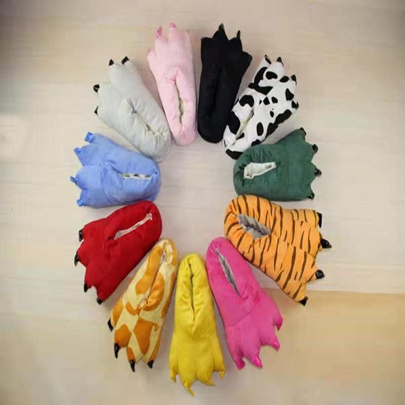 Autumn and Winter Plush Closed-Toe Slippers, Cartoon Gloves, Cotton Slippers, Dinosaur Cow Rainbow Unicorn Paw Shoes, Essential for Keeping Warm in Winter