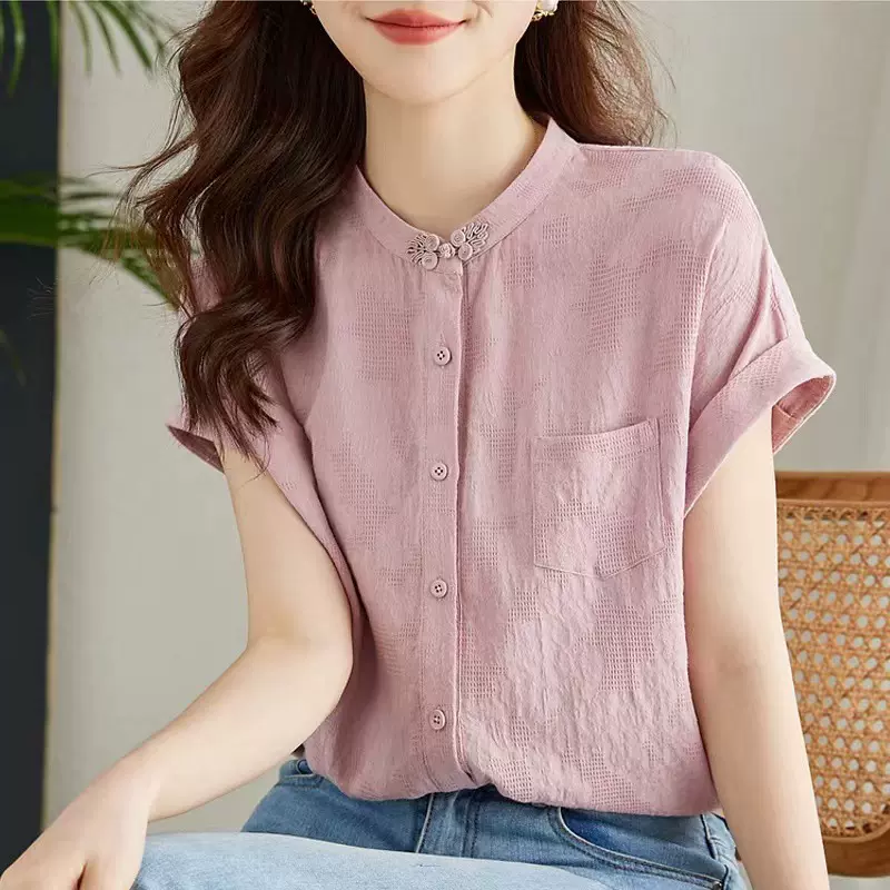 新中式改良国风衬衫复古盘扣显瘦宽松棉麻上衣女2025夏季短袖衬衣