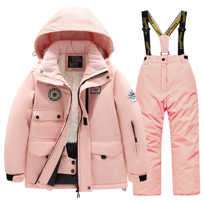 Children's Ski Suit, Girls' Outdoor Thickeneded Waterproof and Windproof Boys' Ski Pants Equipment Fleece-Lined Warm Snow Jacket