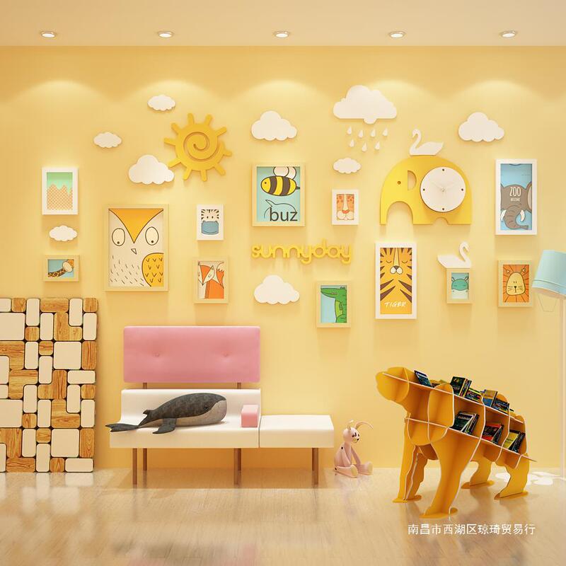 Kindergarten Children's Room Decoration Solid Wood Photo Frame Combination Clock Photo Wall Animation Cartoon Photo Wall Baby Creative