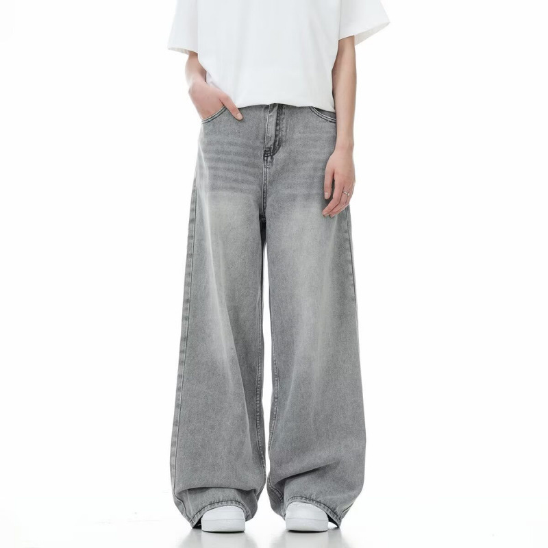 American Retro Vibe Gray Jeans for Men and Women, Versatile Washed and Distressed Loose Wide-Leg Straight Casual Pants American Retro Vibe Gray Jeans for Men and Women, Versatile Washed and Distressed Loose Wide-Leg Straight Casual Pants