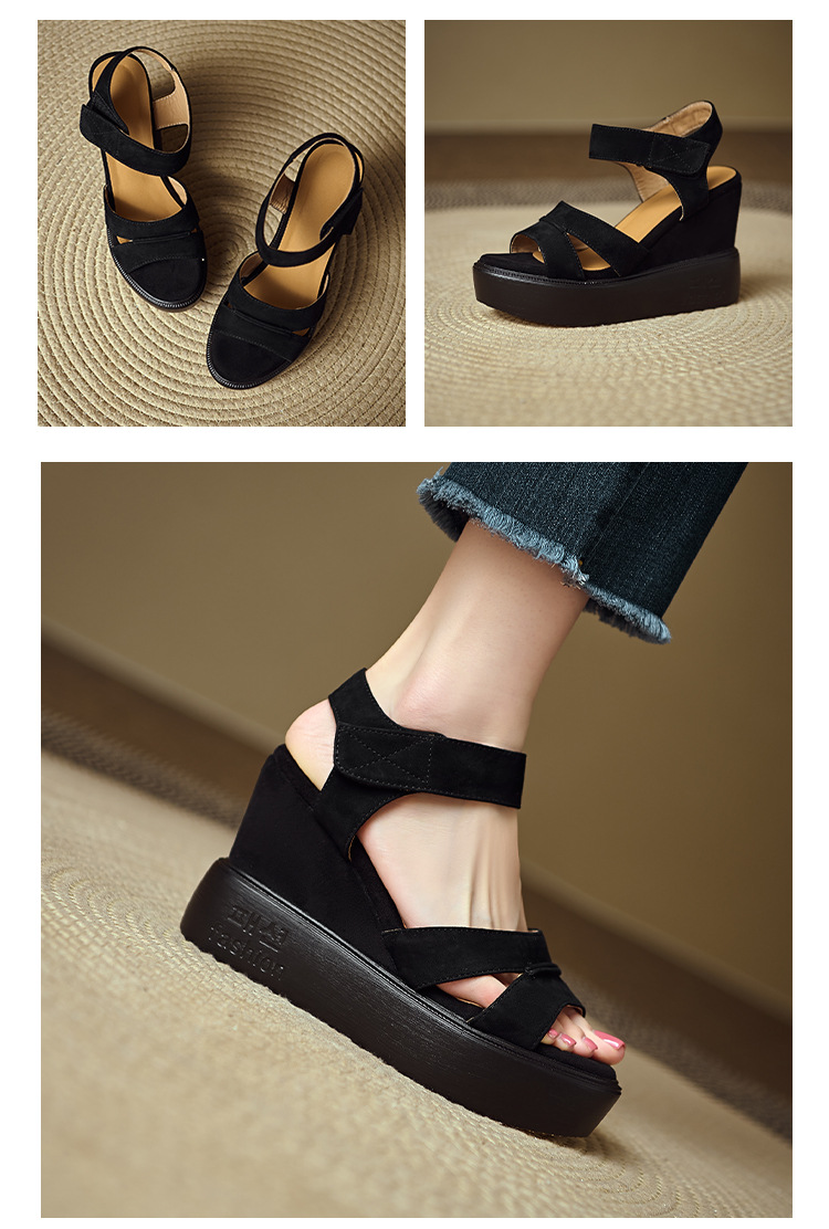 Sandal cao gót nữ mũi hở, đế xuồng bọc da lộn, quai ngang khóa dán, gót 9 cm — Nâu vàng, màu đen chi tiết 14