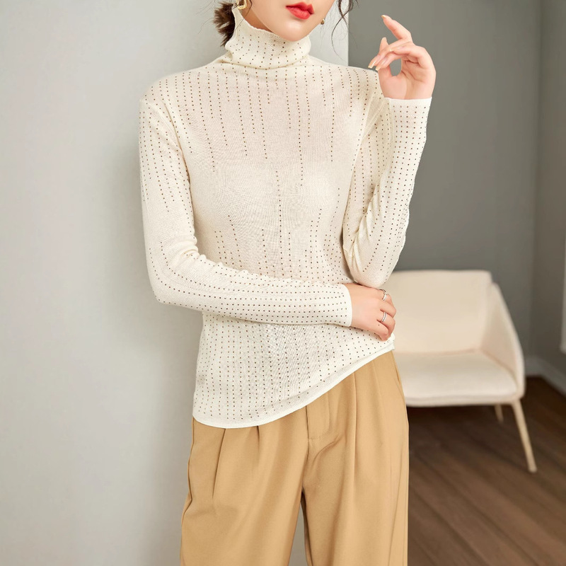 Heavy-Duty Striped Pressed Silk Wool Base Shirt 2025 Autumn High-Neck Elastic Slim-Fit Knit Sweater for Women