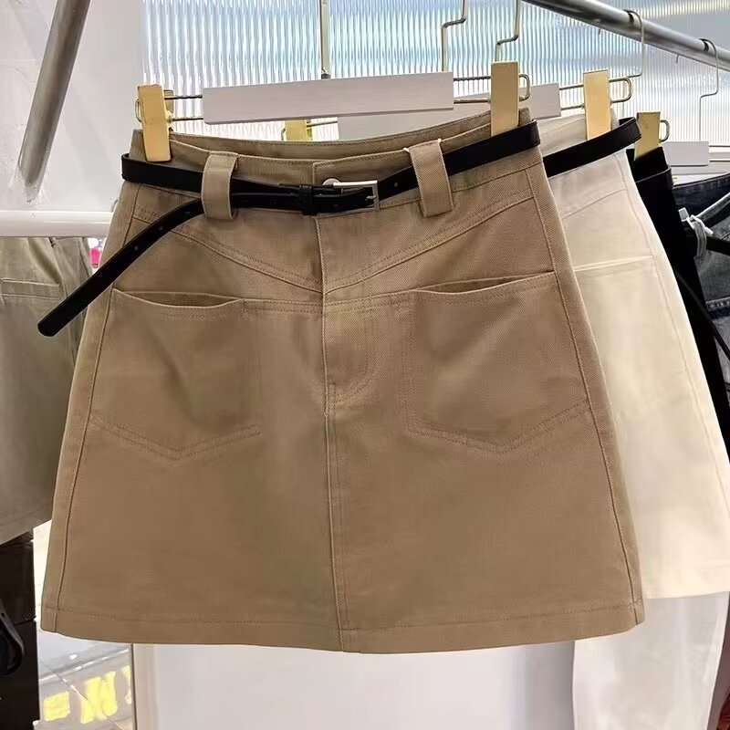 卡其色包臀牛仔短裙女夏a字高腰梨型身材胖mm遮胯显瘦工装半身裙