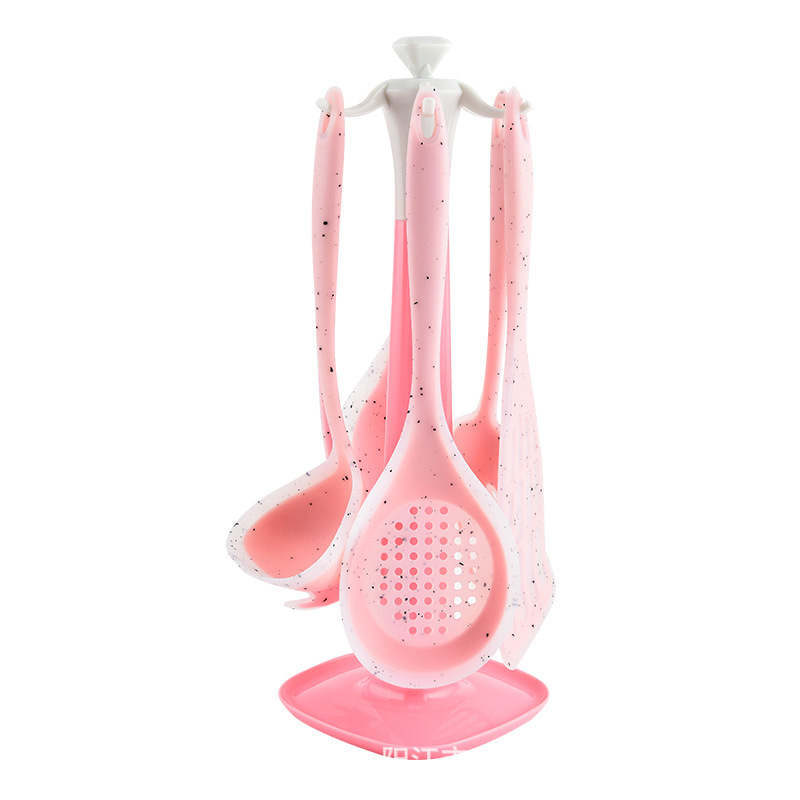 Utensilios de cocina transfronterizos de puntos de color, espátula de silicona semipermeable, soporte de almacenamiento de siete piezas de silicona, colador de pala de silicona en stock