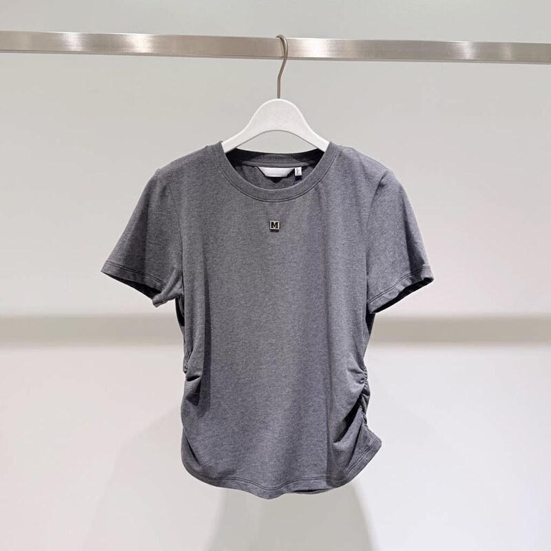 Mm Mai Mai 2026 Summer New Style Dark Gray Side Pleated Slim Fit Casual Short-Sleeved T-Shirt Women's Top 4H4201901