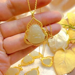 18K Gold Inlaid Maitreya Buddha Smiling Buddha Buddha Male Pendant Lady Au750 Gold Inlaid Hetian Jade