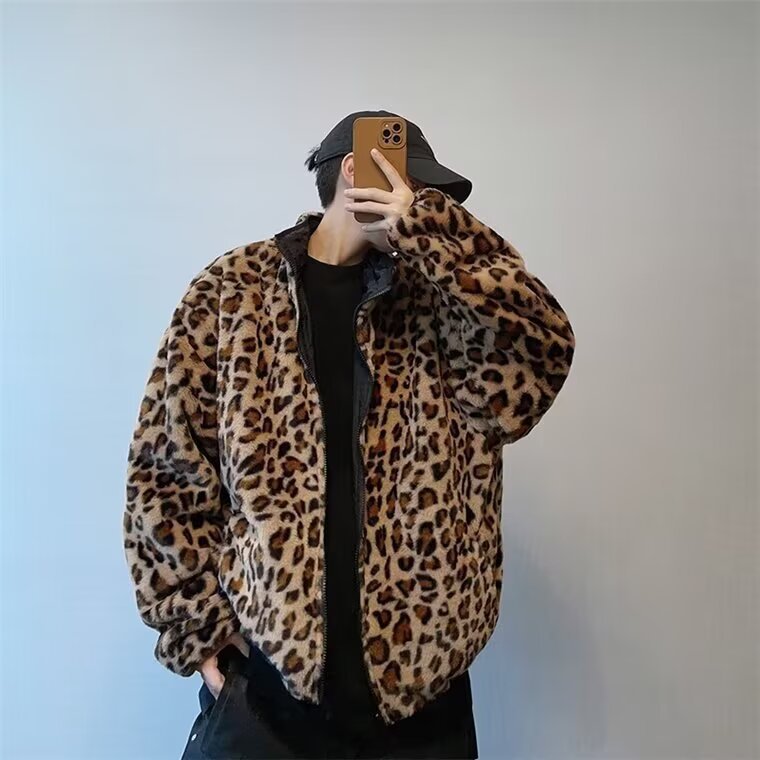 美式复古两面穿棉衣夹克豹纹潮牌欧美街头vintage男立领保暖外套