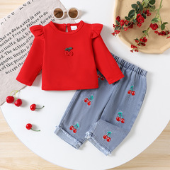 Children's clothing跨境欧美女童红色长袖上衣+樱桃牛仔长裤