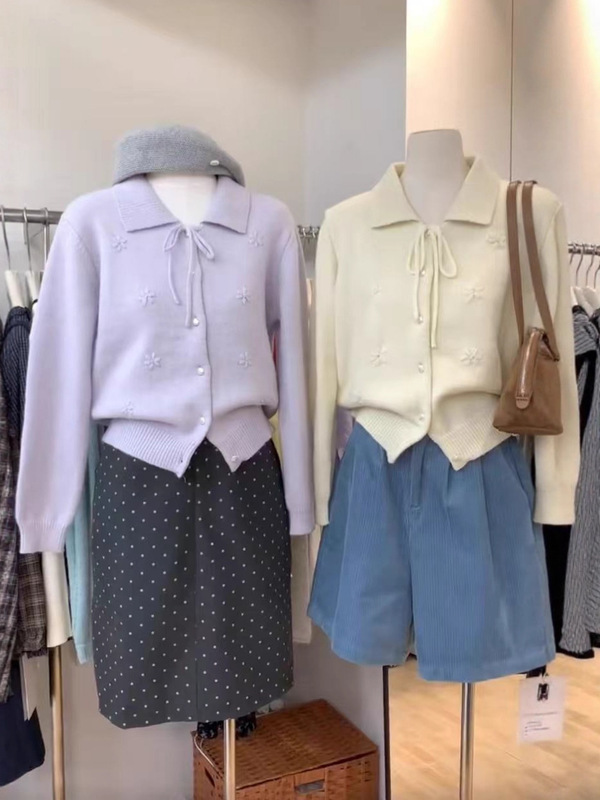 韩系翻领甜美勾花设计针织开衫女2025秋冬新款蝴蝶结软糯毛衣外套|undefined