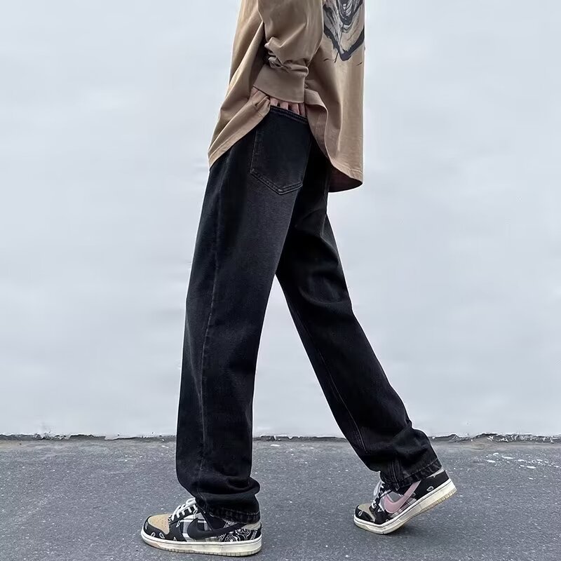 Vaqueros lavados con costuras para hombres y mujeres pantalones estilo vibe americano de calle alta tendencia de moda pantalones negros de pierna recta ~