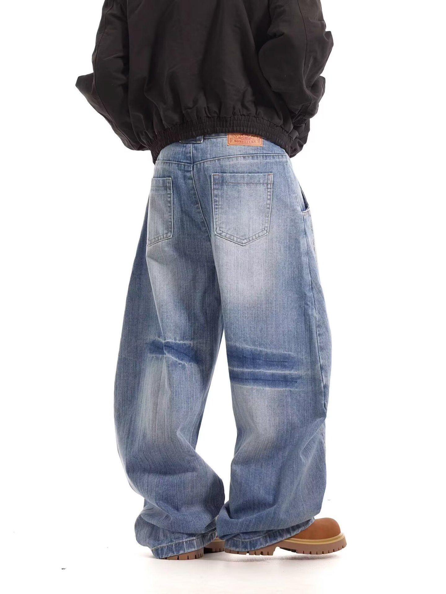 Unisex American Retro Washed Deconstructed Curved Jeans Loose Fitting Relaxed Style Wide Leg Slimming Casual Jeans_mkmklike.com