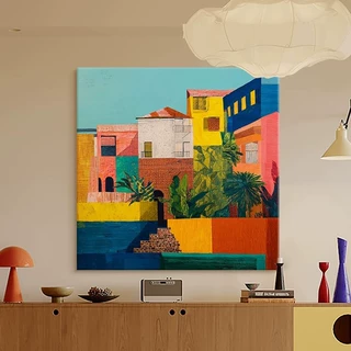 马蒂斯客厅抽象彩色房子装饰画多巴胺手绘油画卧室床头挂画玄关画