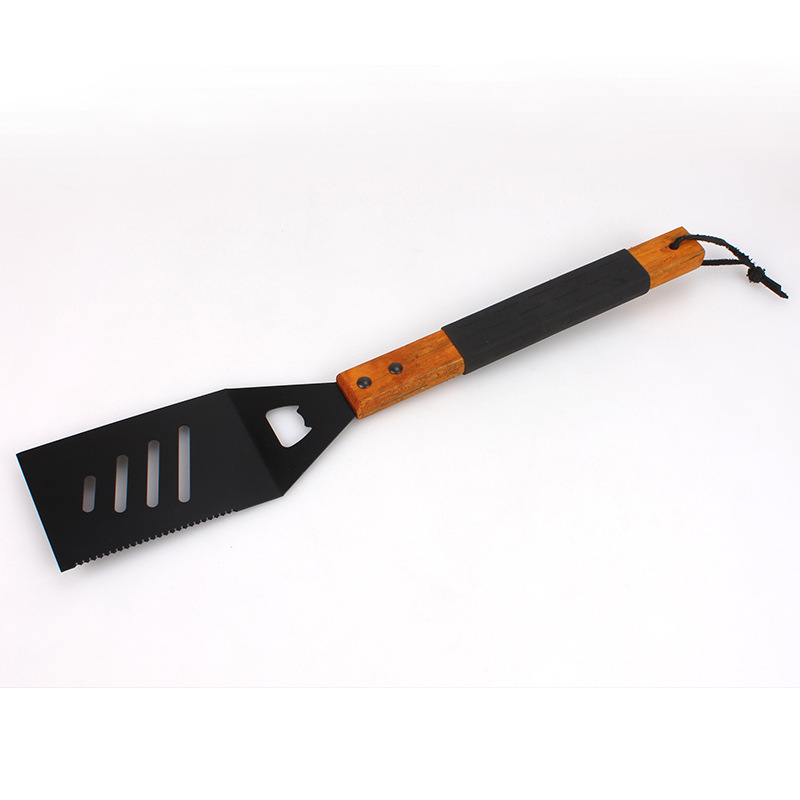 Mango de madera herramientas de barbacoa 2 piezas de acero inoxidable BBQ spray antiadherente negro pintura para hornear juego traje mango de madera con manga de goma para hornear tenedor