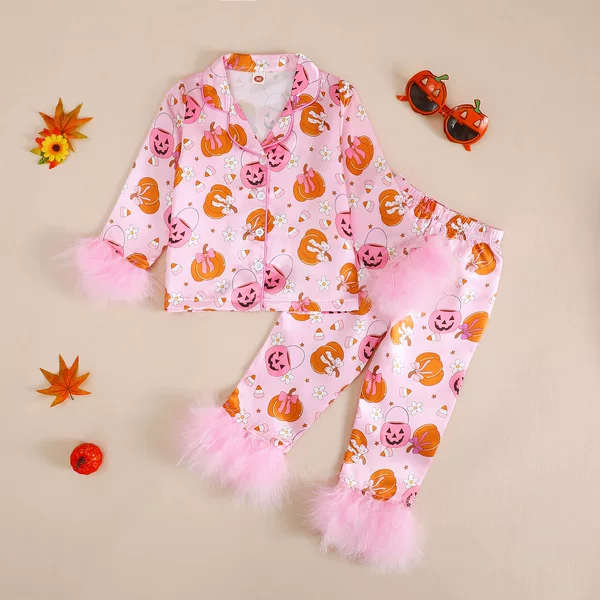 Cross-Border Trade Halloween Girls' Pajamas Halloween Pumpkin Print Frayed Pajama Set with Lapel Long Sleeves and Long Pants