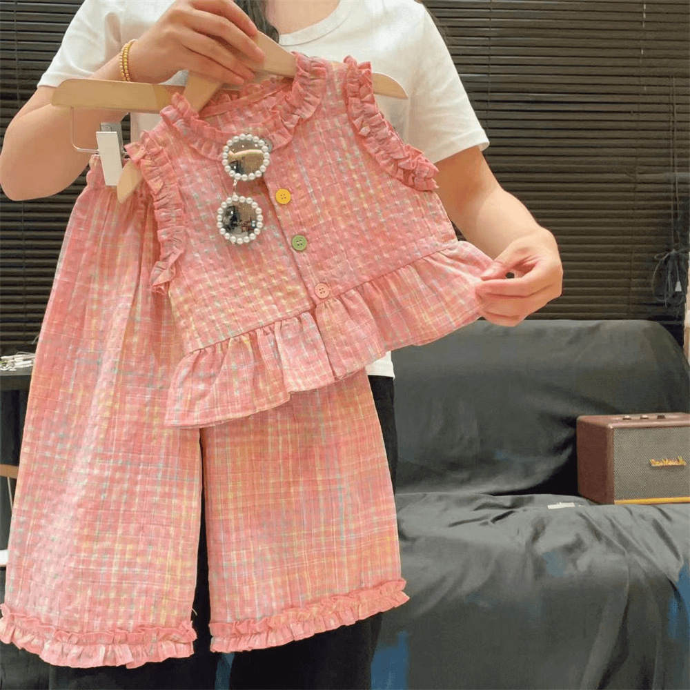 韩版女童花边撞色格子大童套装无袖背心阔腿裤洋气夏装两件套潮