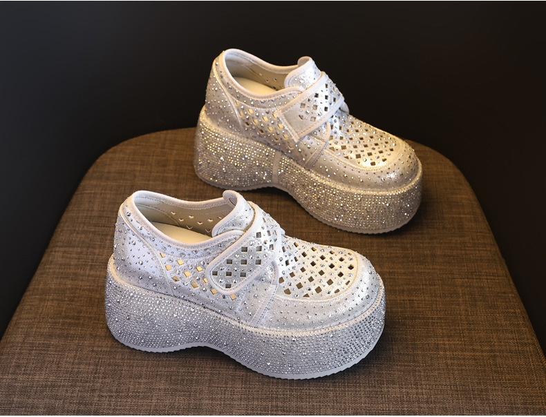Giày sneaker nữ đế dày tăng chiều cao, phối đá rhinestone, quai magic stick, mùa hè 2026 — màu đen, bạc chi tiết 5