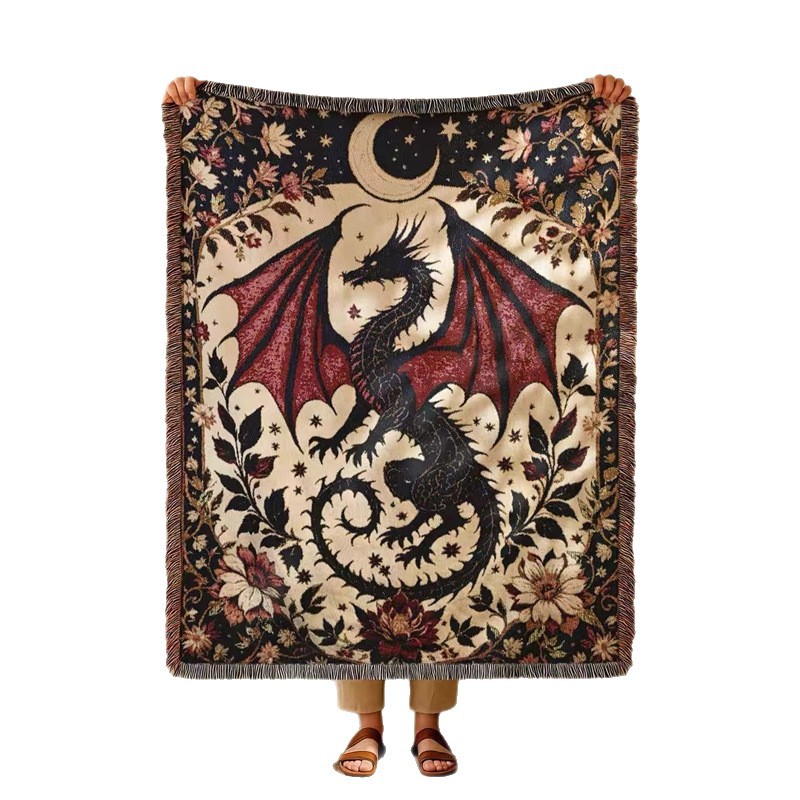 Copridivano in tessuto con nappa di drago in stile medievale Qin Che, coperta funzionale in jacquard da campeggio_voghion.com