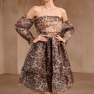 2025 Leopard Organza One Shoulder Strapless Evening Dress Knee Length Ladies Dress