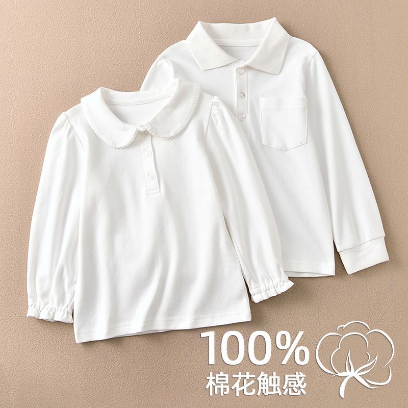 Children's solid color polo collar shirt, girls' embroidered base layer, white school uniform inner layer, pure cotton breathable top