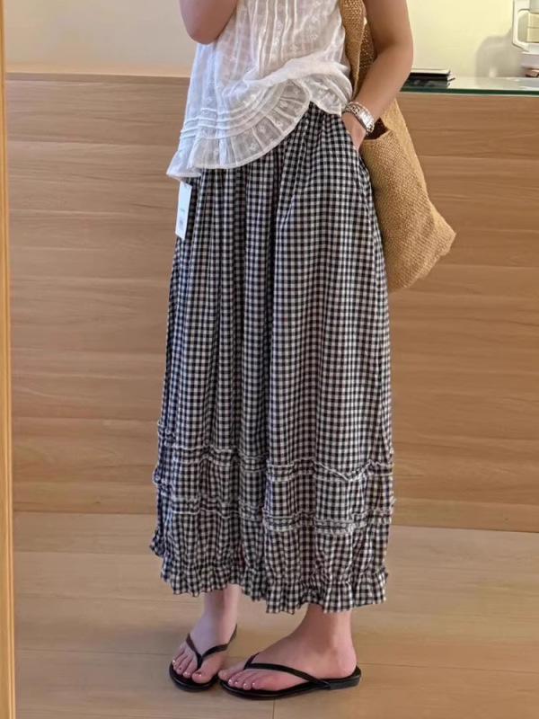 花边格子灯笼裤女夏季薄款2025新款慵懒风高腰宽松显瘦九分休闲裤|undefined