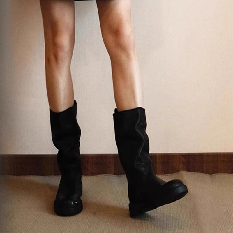 牛皮版~真皮复古黑色圆头褶皱中筒靴子女堆堆靴英伦风骑士靴短靴|undefined