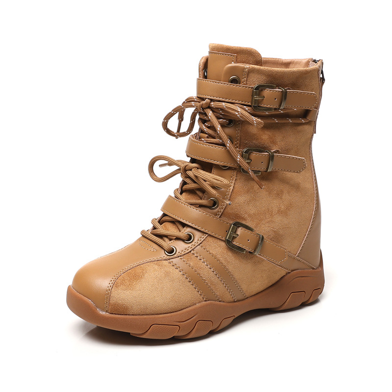 Giày boot nữ cổ ngắn đế dày tăng chiều cao phong cách retro siêu mềm đa năng — màu đen
