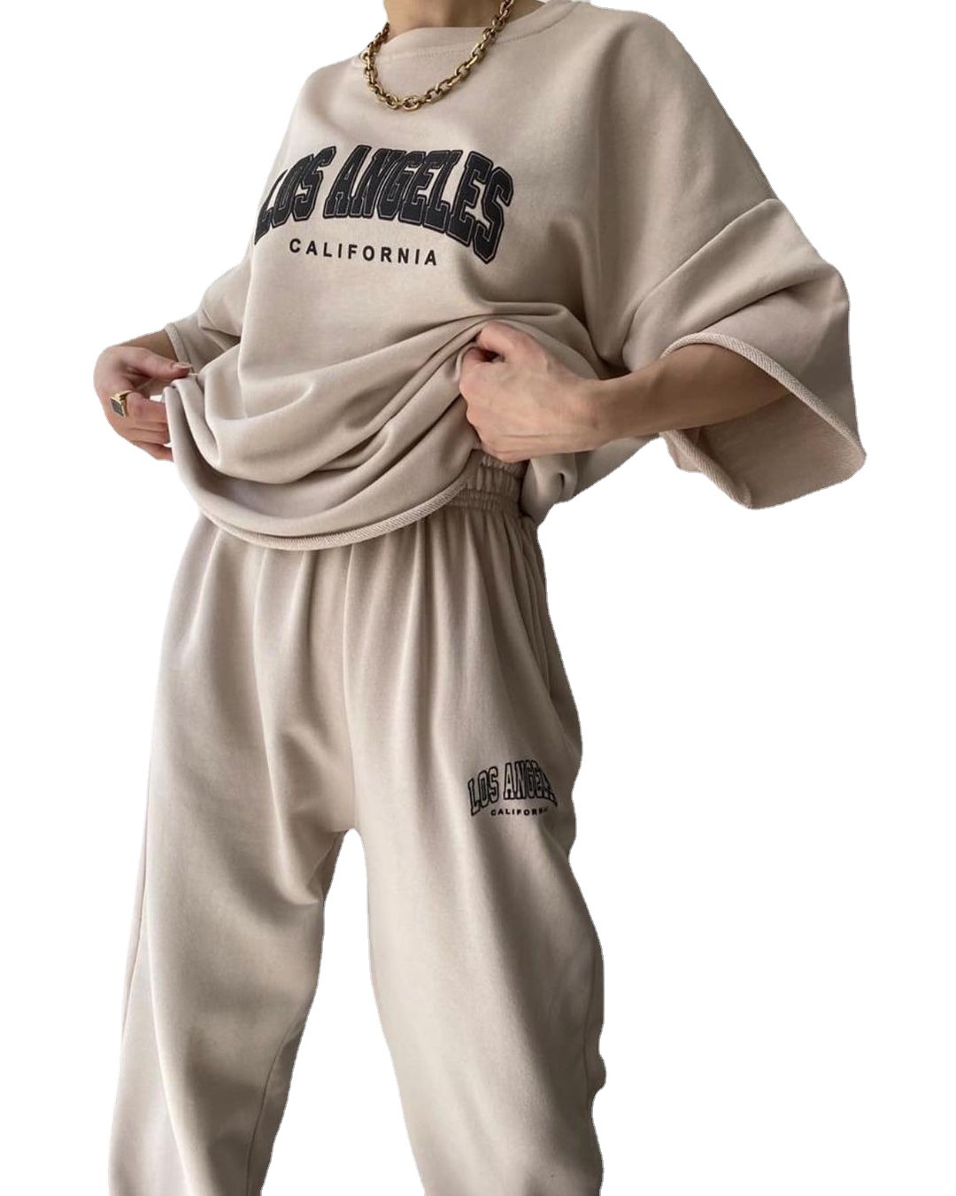 Set di due pezzi di pantaloni maglione a maniche corte con stampa casual per pendolari da donna primaverili_voghion.com