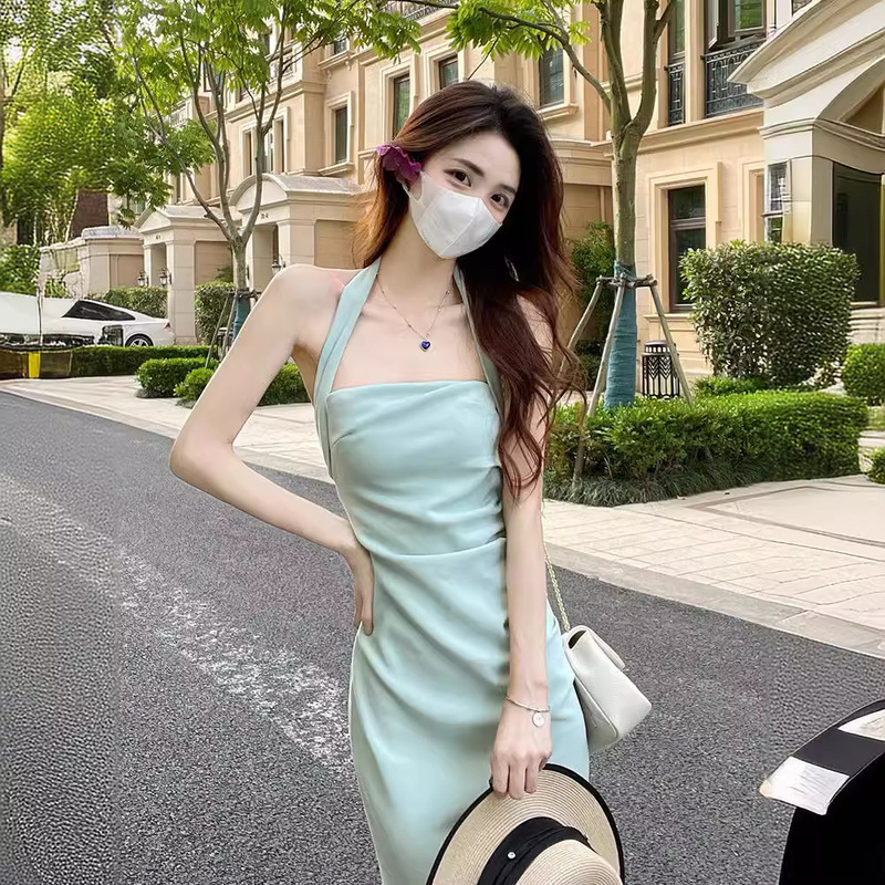 Sexy Pure Lust Style Halterneck Suspender Long Skirt, Elegant Backless Tube Top Mid-Length Slim Dress, Hip-Covering Slit Skirt