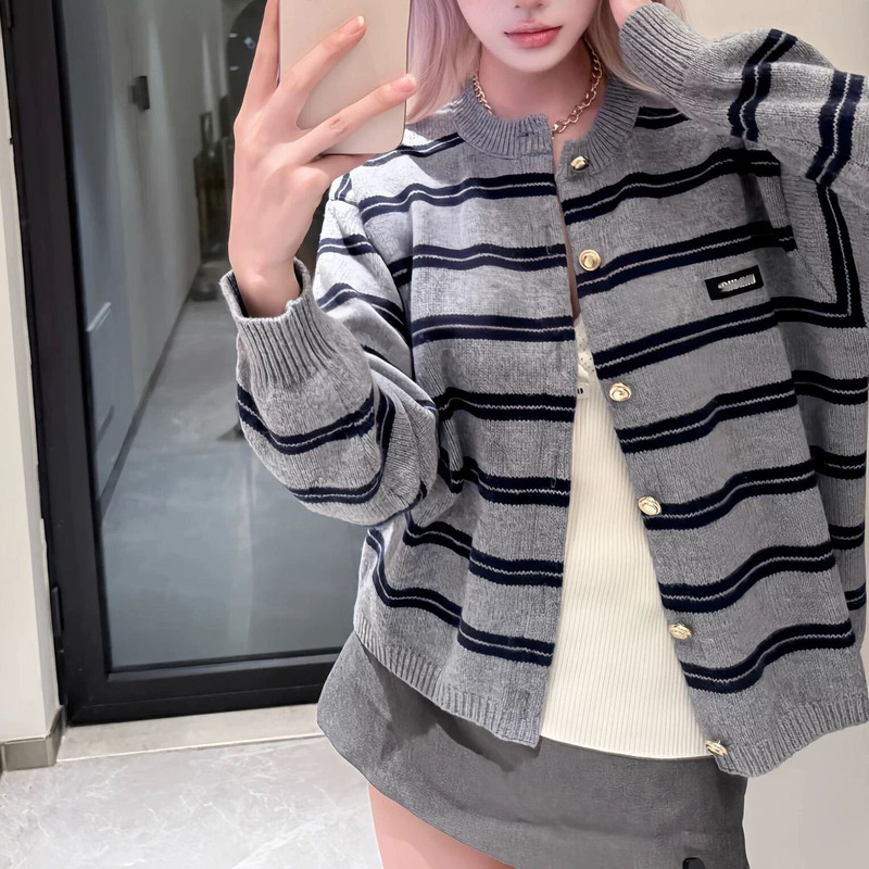 Correct Version! Miu 25 New Navy Style Wool Gray and Blue Contrast Stripesd Round Neck Cashmere Cardigan Jacket Top