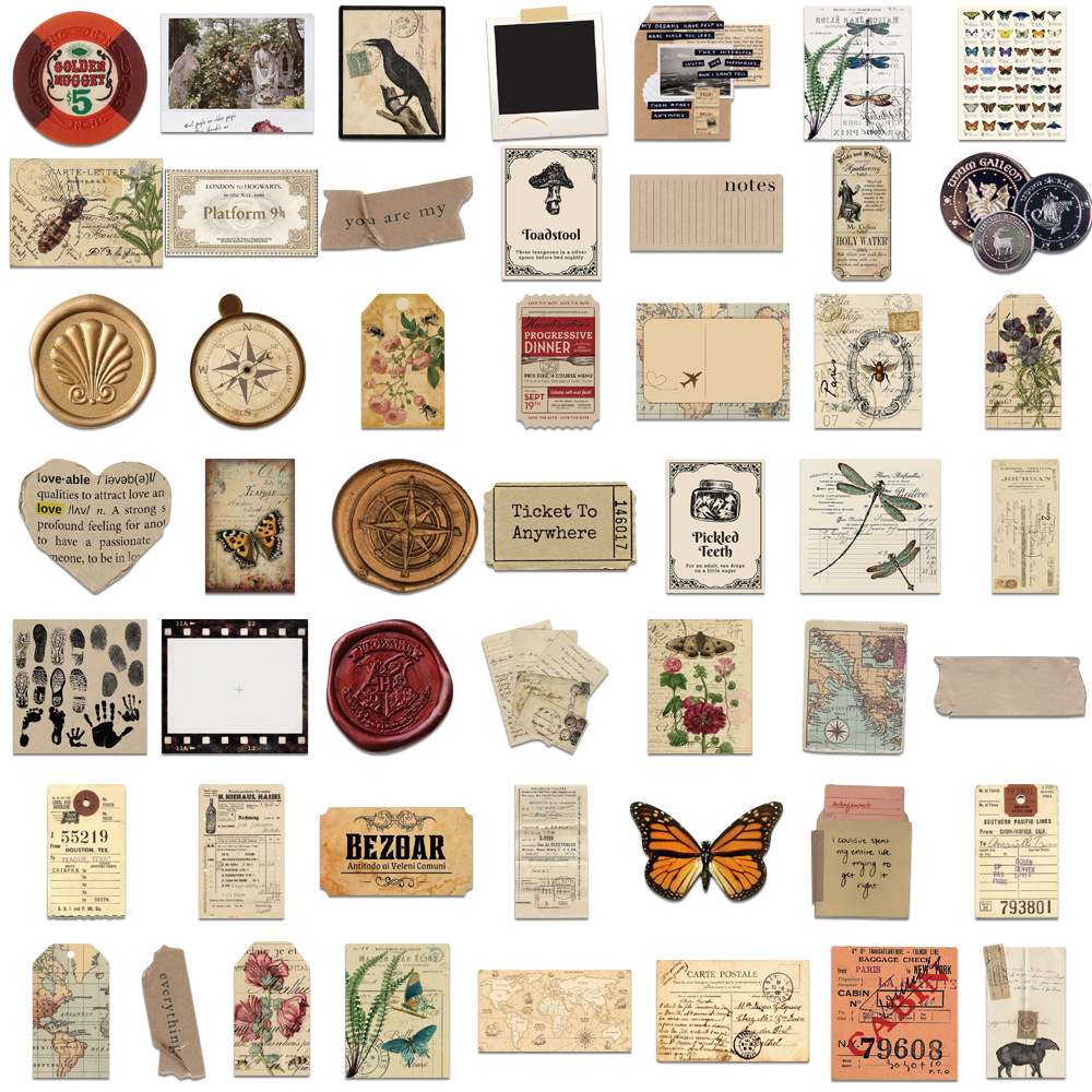 50 pegatinas de archivo retro de alto valor facial DIY pegatinas de contabilidad de mano pegatinas de decoración de maletas de scooter pegatinas impermeables