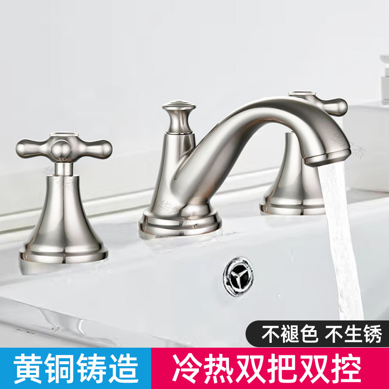 European Brushed Basin Hot and Cold Faucet Basin Double Handle Split Three-Hole Wash Basin Wash Basin Three-Piece Set